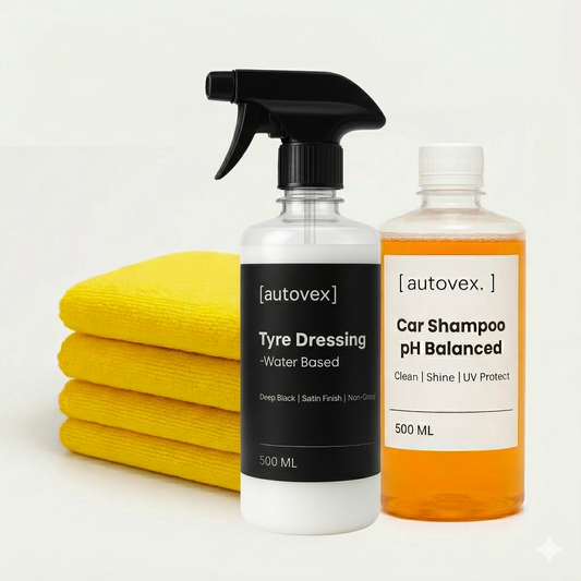 Autovex Complete Car Care Combo — Car Shampoo + Tyre Dressing + Microfiber Towels Pack of 4 | Full Exterior Kit